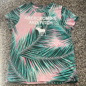 Abercrombie & Fitch Pink and Green Tropical Palm Leaf Tee